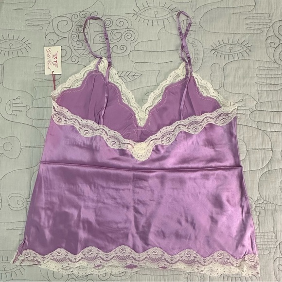 NEW Pearl Lace Two Tone Silk Cami Sz L Orchid Cream Lace - Picture 4 of 5